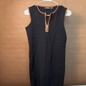 Lauren Ralph Lauren Black Midi Dress with Brown Trim and Front Zip